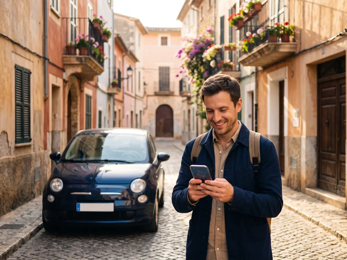Traveller abroad with a new international driving permit on their phone