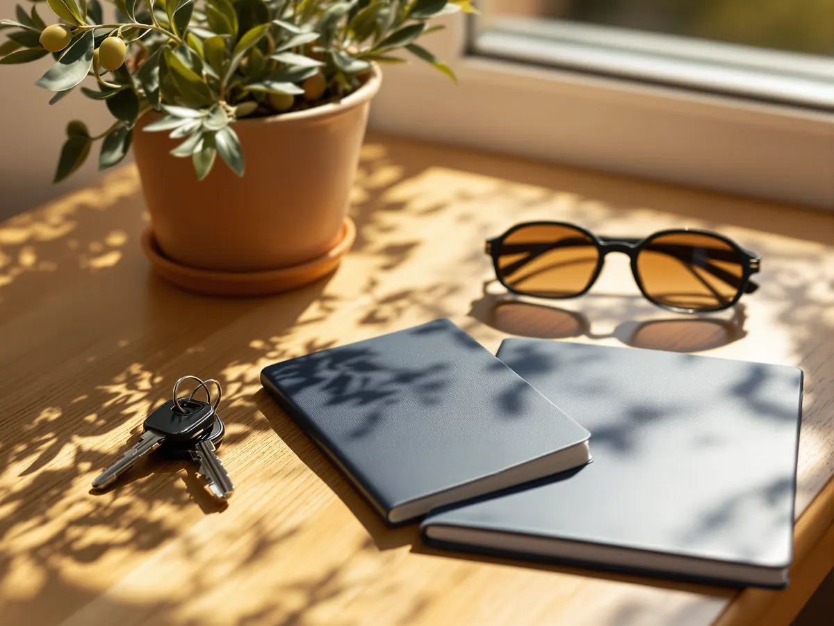 Pasaporte, cuadernillo azul marino, llaves del coche y gafas de sol sobre una mesa de madera