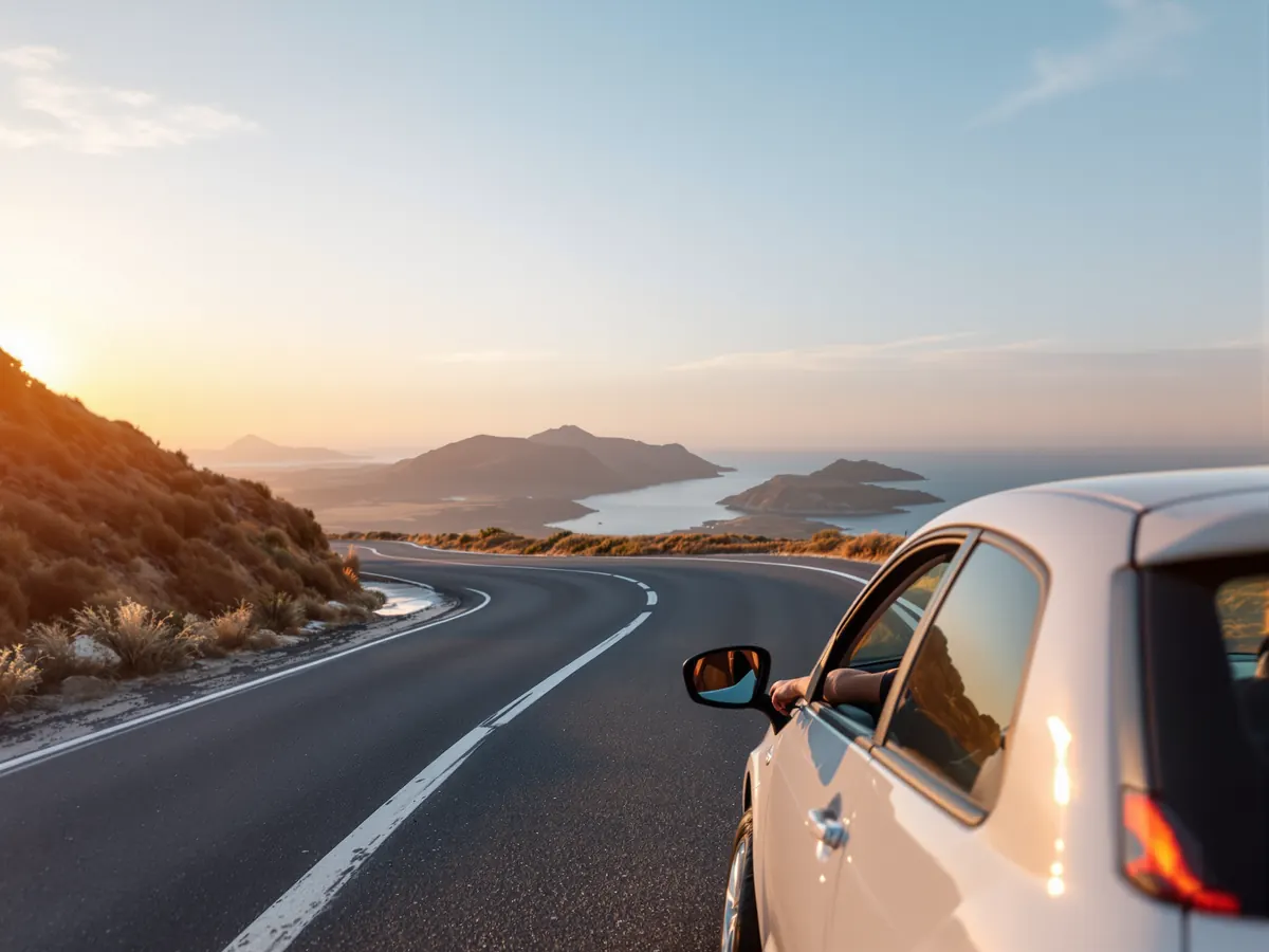 Coche de alquiler circulando por una carretera de costa en el extranjero al atardecer