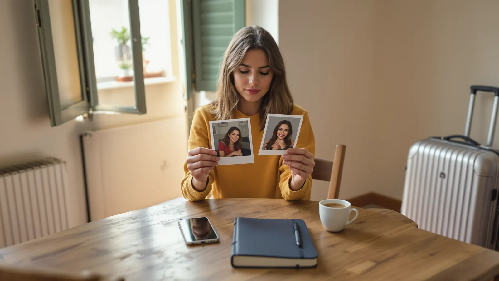 Come fare la patente internazionale: viaggiatrice controlla a casa le fototessere, con un libretto blu sul tavolo
