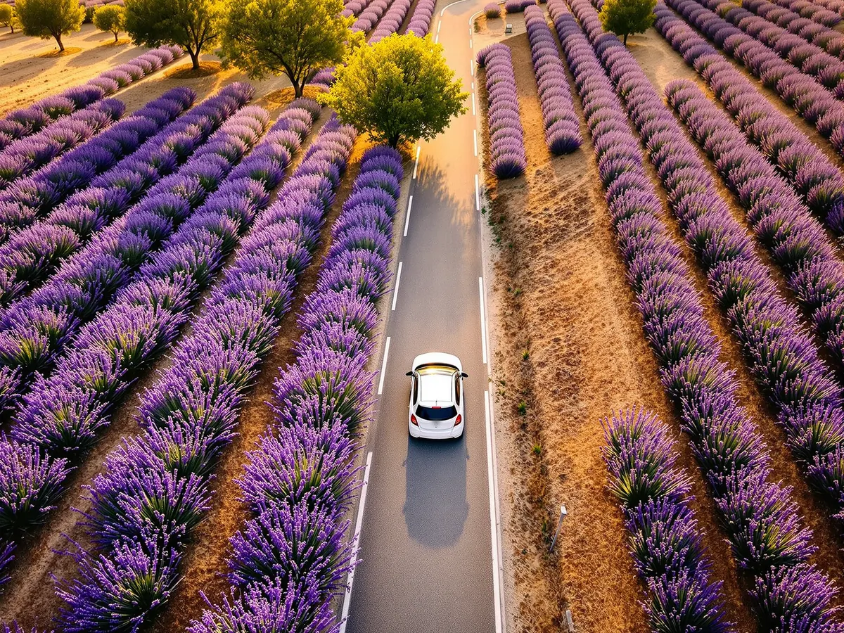 Petite voiture blanche sur une route de campagne entre des champs de lavande, vue du ciel