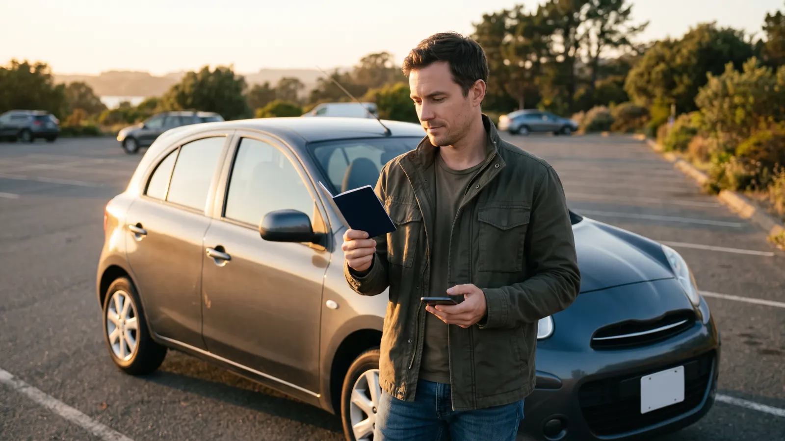 Traveller checking an expired international driver's license next to a rental car