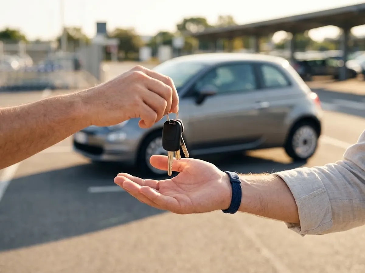 Traveller collecting rental car keys with a valid international driving permit