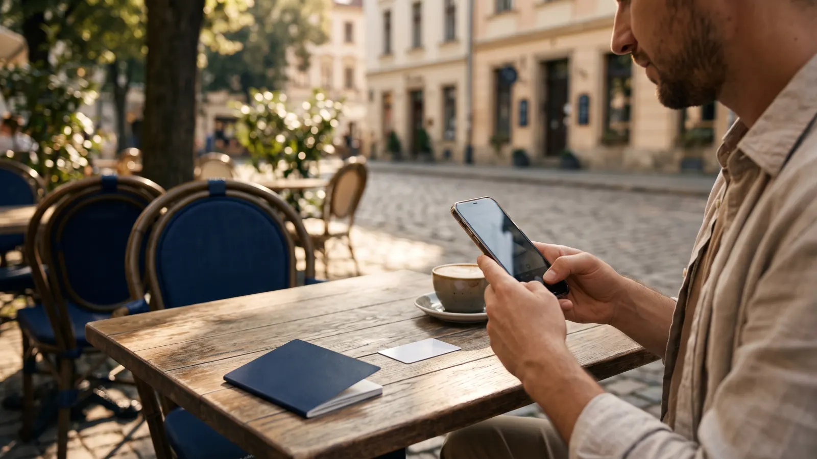 Traveller photographing their driving licence with a phone to renew an international driving permit online