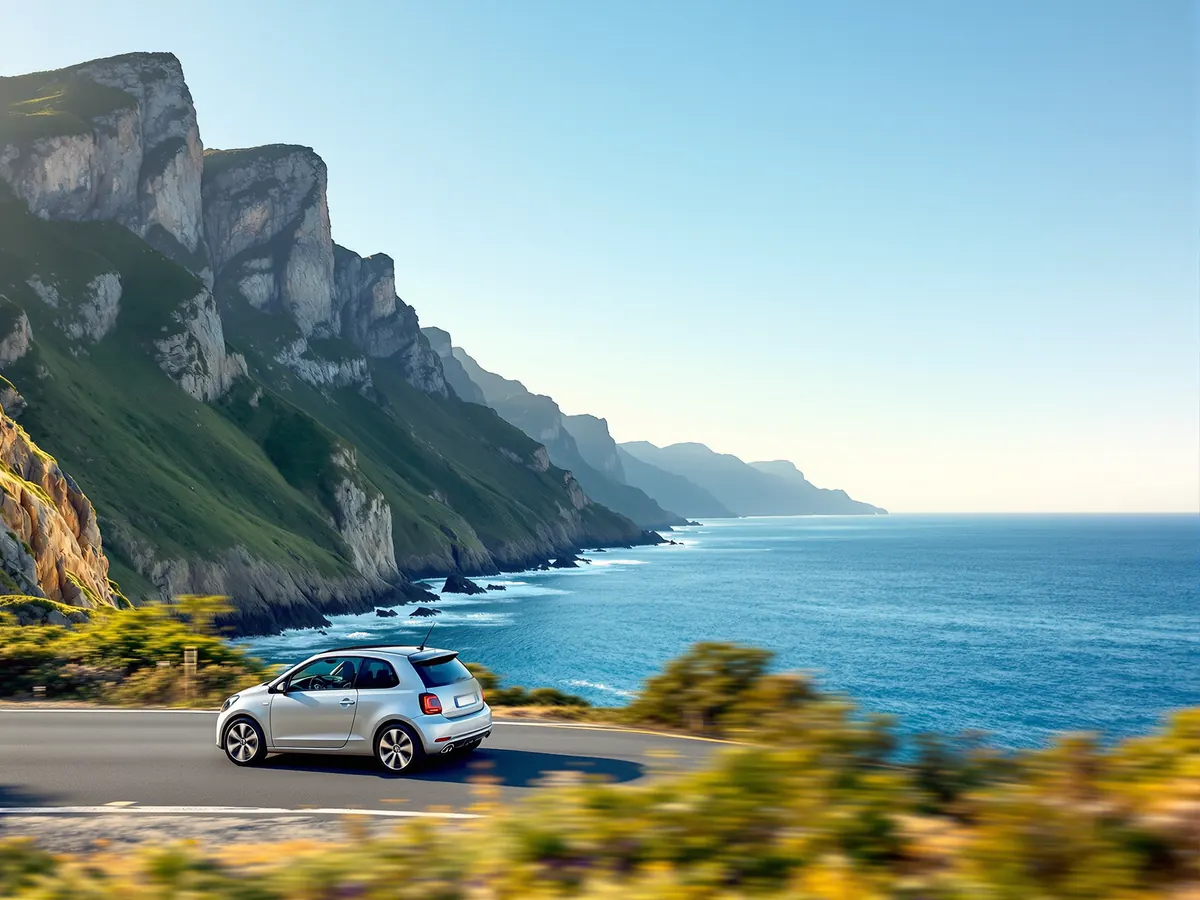 Silbernes Auto auf einer Küstenstraße zwischen Felsküste und Meer