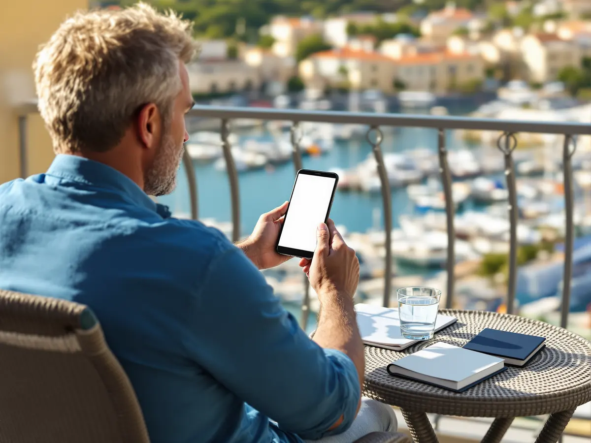 Mann unterschreibt auf einem Hotelbalkon im Ausland mit dem Finger auf seinem Smartphone