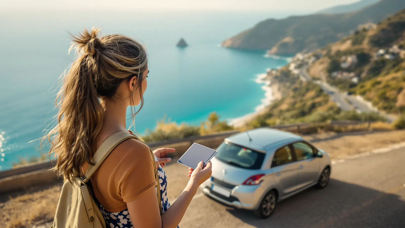 Reisende prüft an einem Aussichtspunkt neben ihrem Mietwagen ihre Fahrdokumente
