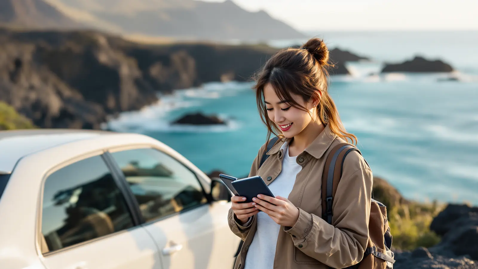 海外の海沿いでレンタカーの横に立ち、国際免許とスマートフォンを確認する日本人女性