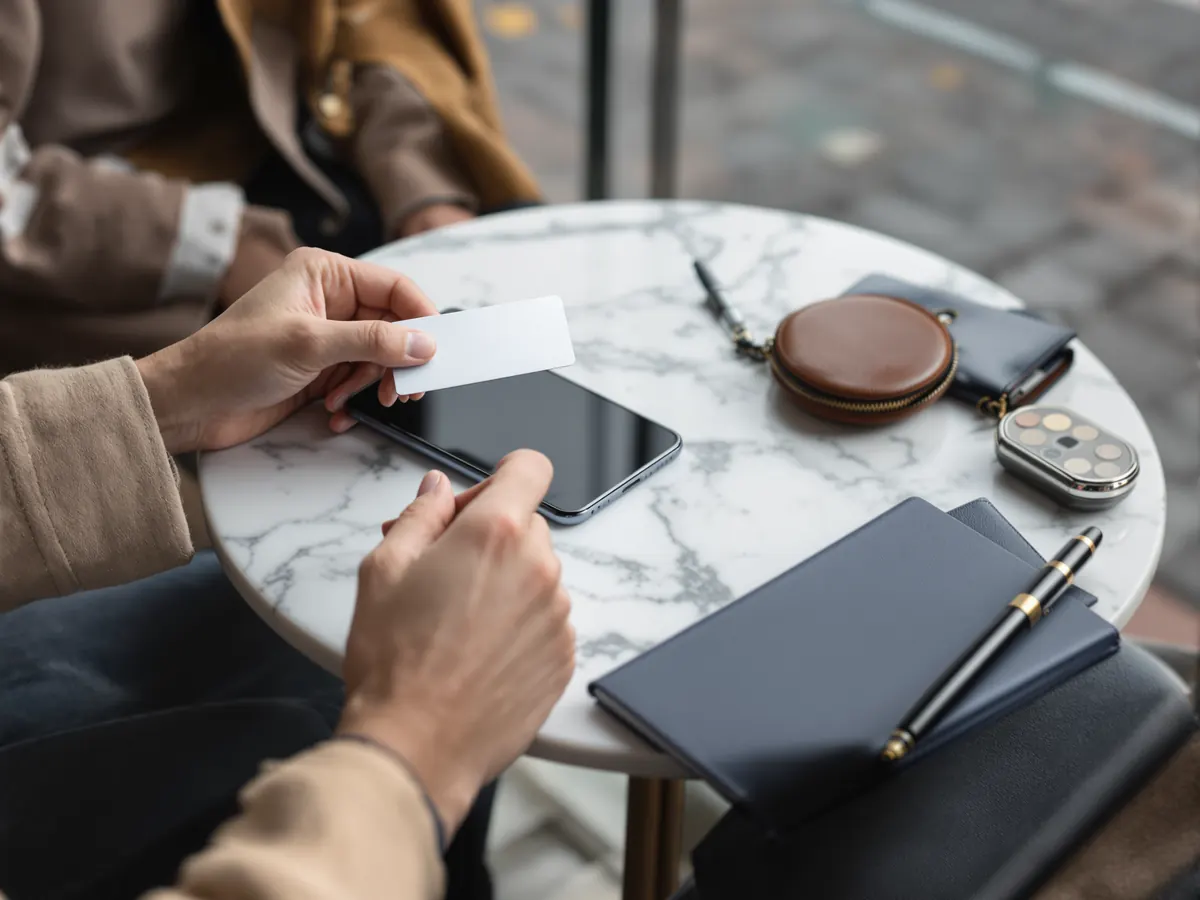 Mani con una carta di pagamento e uno smartphone accanto a un libretto blu scuro sul tavolino di un bar