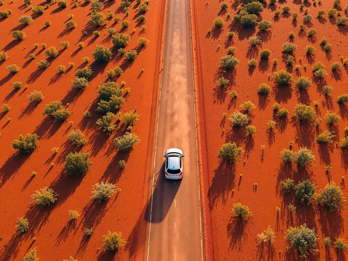 Una piccola auto argentata su una lunga strada deserta tra terra rossa e cespugli, vista dall’alto