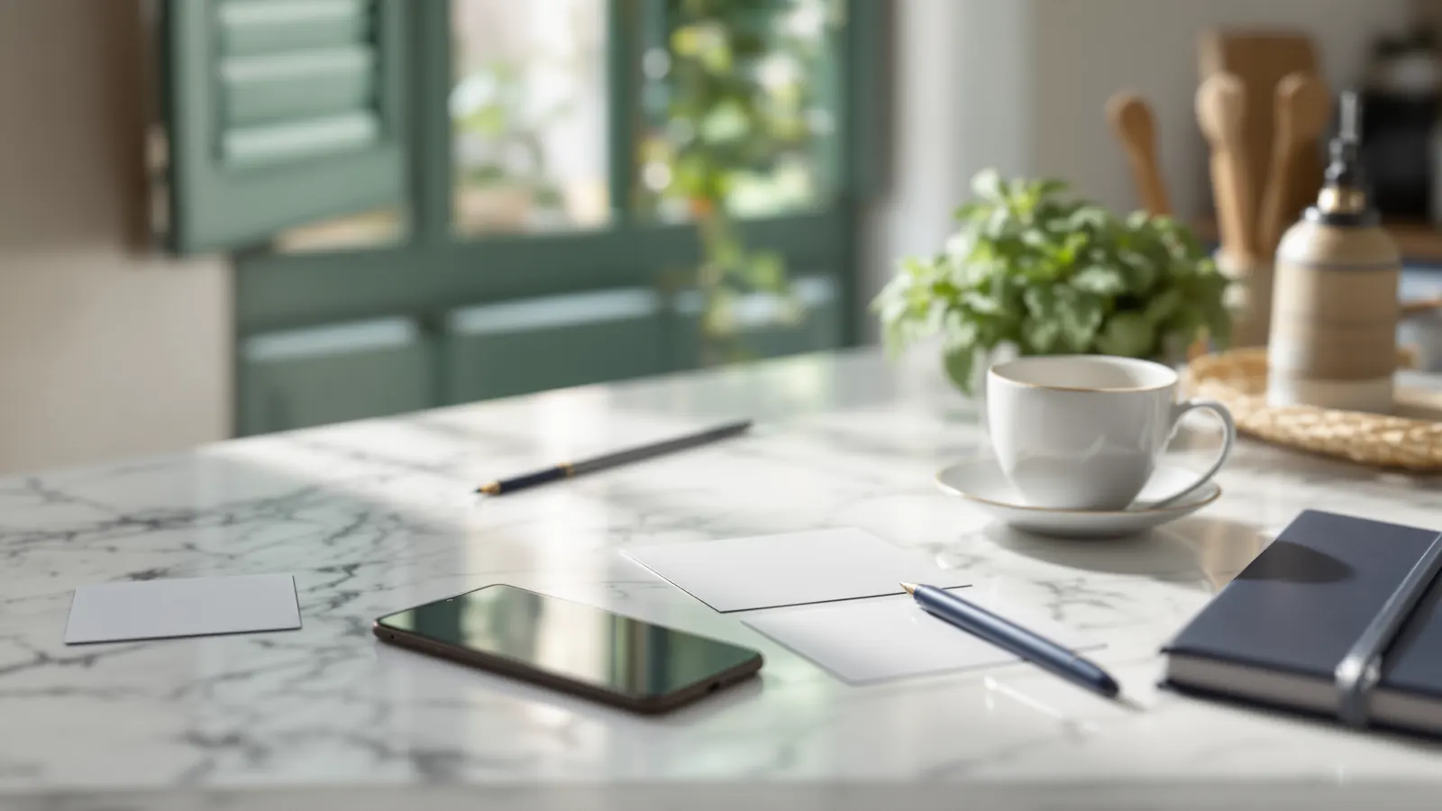 Costi patente internazionale: carta di pagamento, fototessere e libretto blu scuro sul piano della cucina