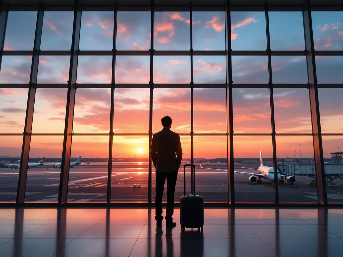 Voyageur devant la baie vitrée d’un aéroport au lever du soleil, avant le départ