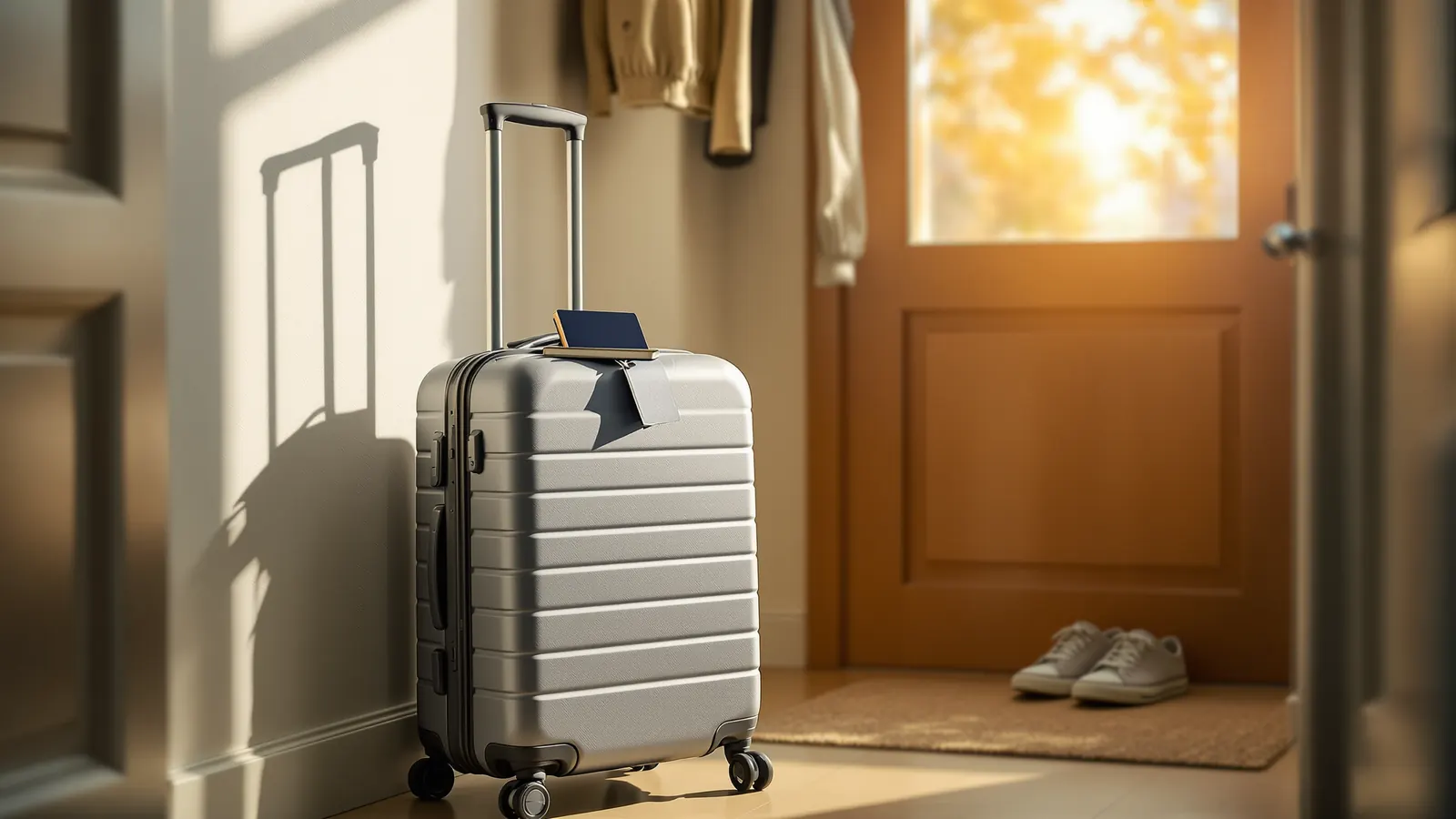 Délai du permis international : valise prête dans l’entrée, avec un passeport et un livret bleu marine posés dessus