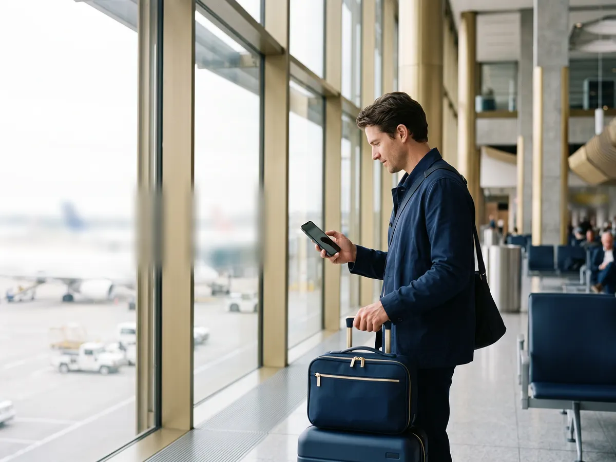 Voyageur à l'aéroport avec son nouveau permis international sur son téléphone