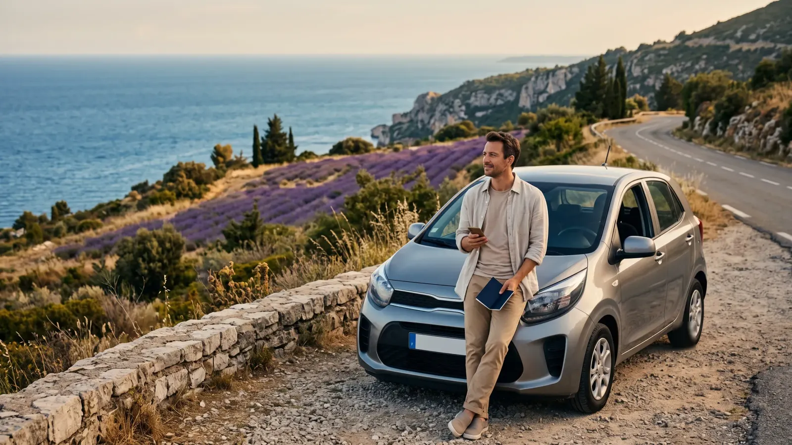 Voyageur sur une route côtière avec son permis international renouvelé
