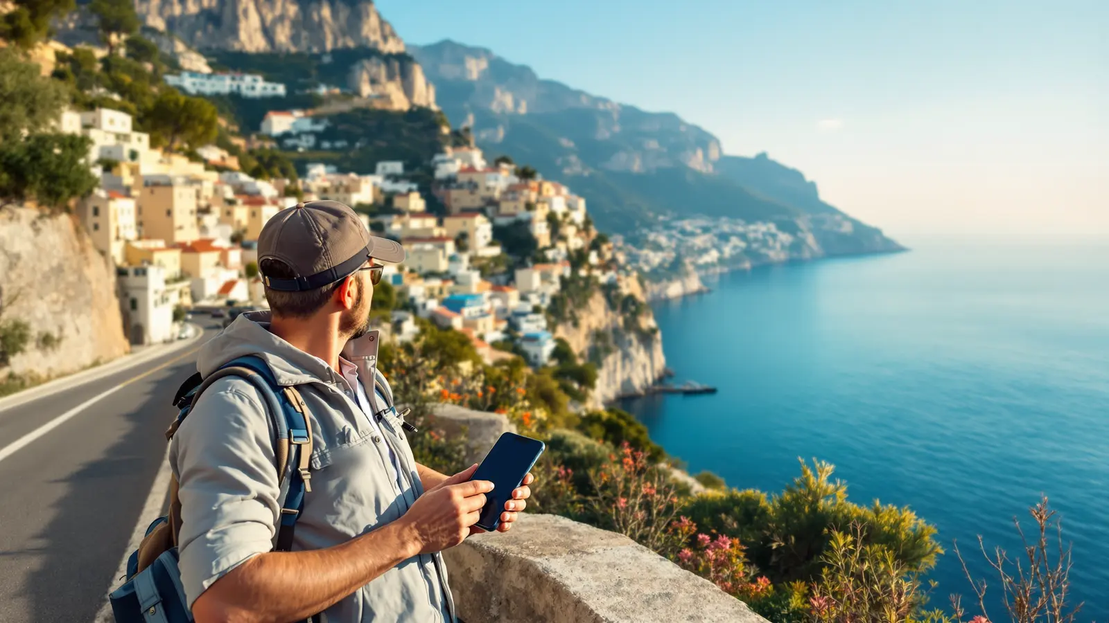Viaggiatore in Costiera Amalfitana accanto all’auto, con lo smartphone e il permesso internazionale