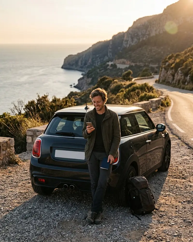 A smiling traveler with a phone beside a small car on a coastal road at sunset