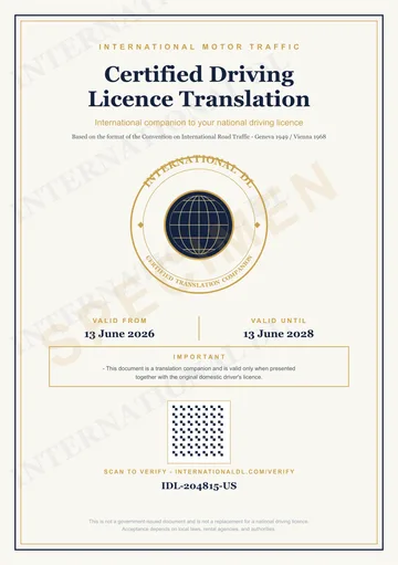 Specimen of the International DL permit cover, showing its valid-from and valid-until dates and its QR code